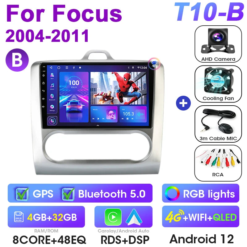 2 Din Android 12 Car Radio For Ford Focus 2 3 Mk2 Mk3 2004-2011 &ndash; Multimedia GPS With 4G Carplay T10-B-Camera-B