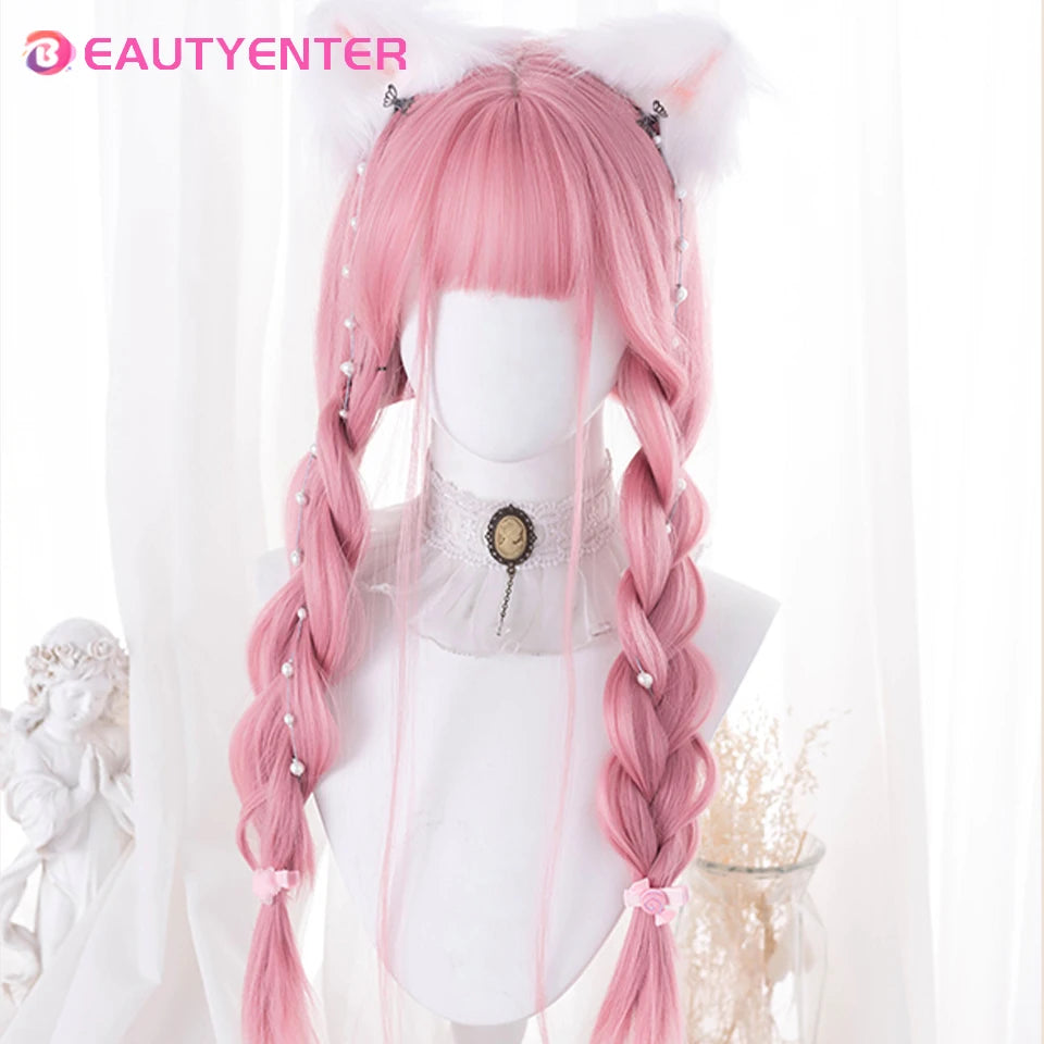BeautyEnter Pink Long Straight Wig with Bangs for Cosplay and Daily Use