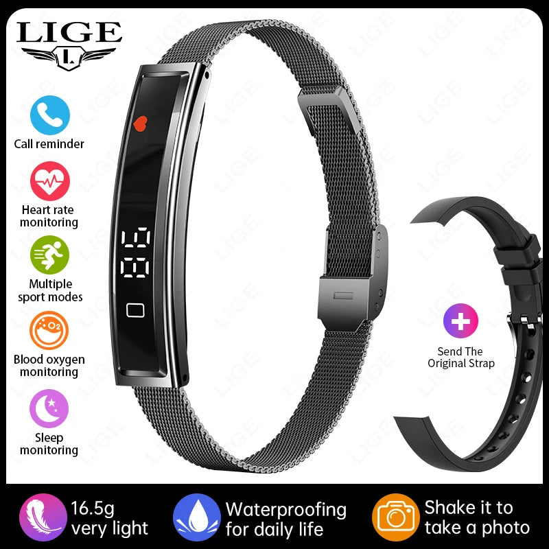 LIGE Fashion Smart Bracelet &ndash; Call Alerts and Heart Rate mesh belt black / Double straps