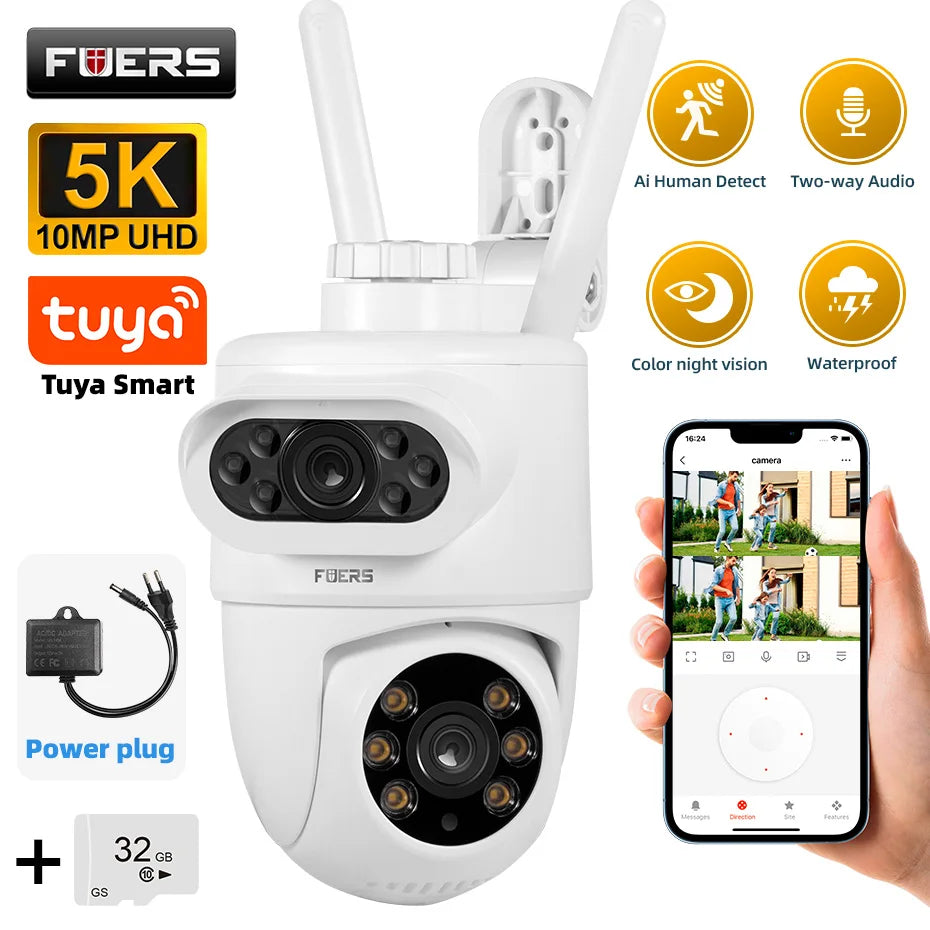 FUERS 5K 10MP Dual Lens IP Camera Dual Lens Cam 32G / US Plug