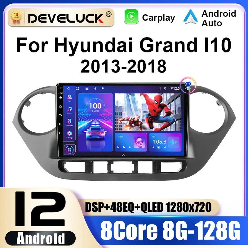 Automobilinis radijas Hyundai Grand i10 2013-2018, 2-Din Android 12, 9 colių jutiklinis ekranas su CarPlay