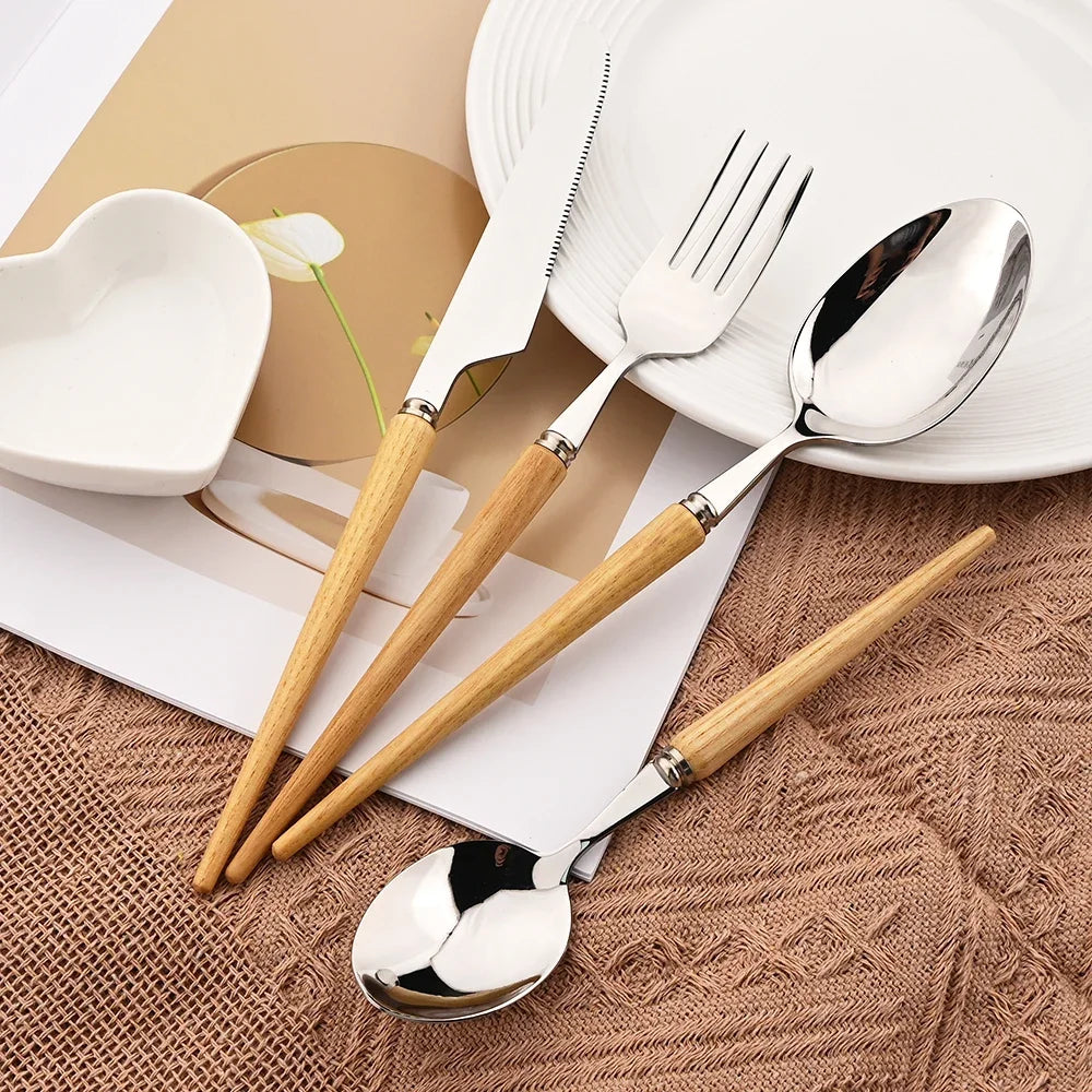 Wooden Handle Stainless Steel Dinnerware Set &ndash; Eco-Friendly Flatware Gift 4Pcs
