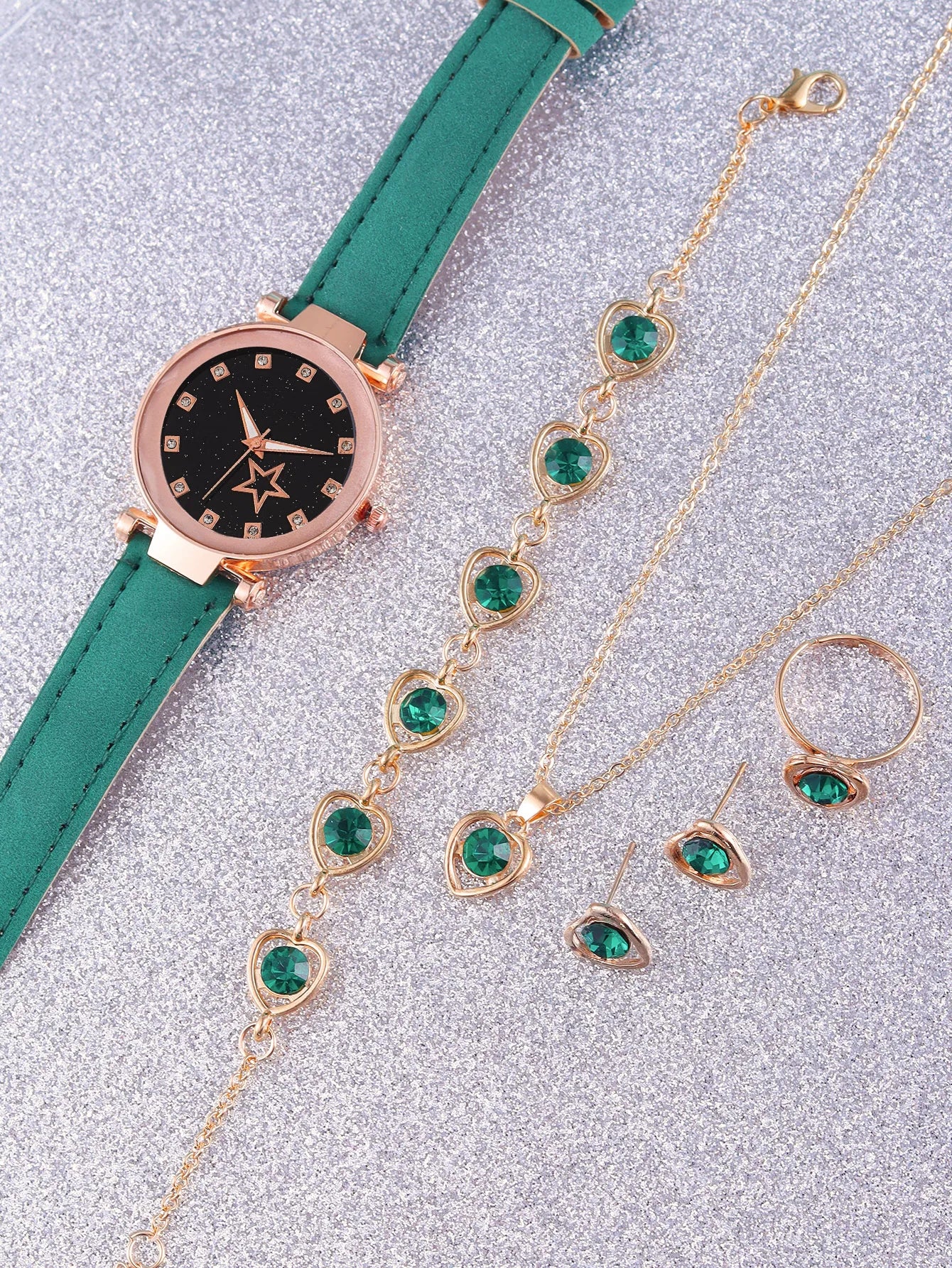 Purple Five-Pointed Star Quartz Watch &amp; Hollow Necklace Set