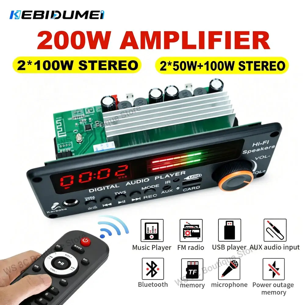 KEBIDUMEI 200W Amplifier Bluetooth 5.3 MP3 WMA Decoder Board 12V 100W Handsfree Car Audio 6.5MM Mic USB TF FM DIY Music Player by InterCyprus Trading Ltd