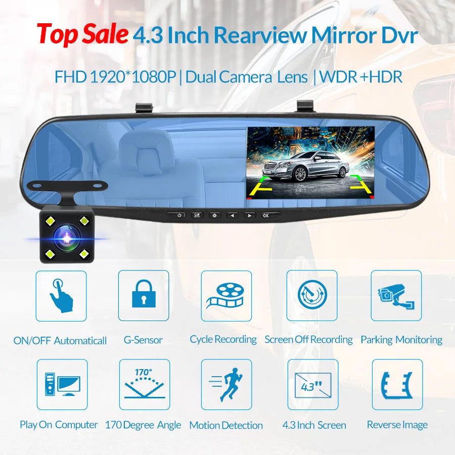 Dashcam 4.3 Inch FHD 1080P Dual Lens DVR - Night Vision