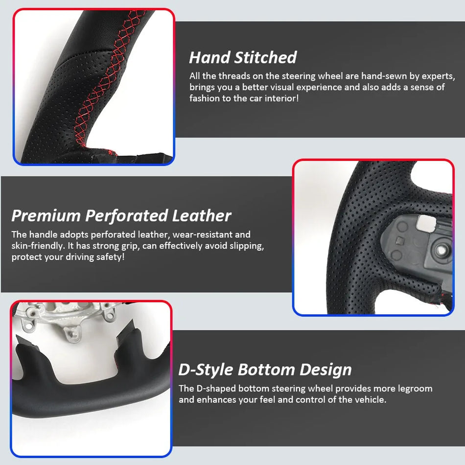 Stuurwiel voor Dodge Ram 1500 TRX, verwarmd, volledig leer, geperforeerd met koolstofvezel accenten en rode stiksels