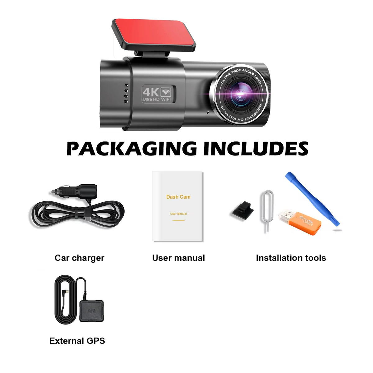 Kocam 4K WIFI Dash Cam &ndash; Dual Lens Front and Rear Recording Without Rear Camera / None