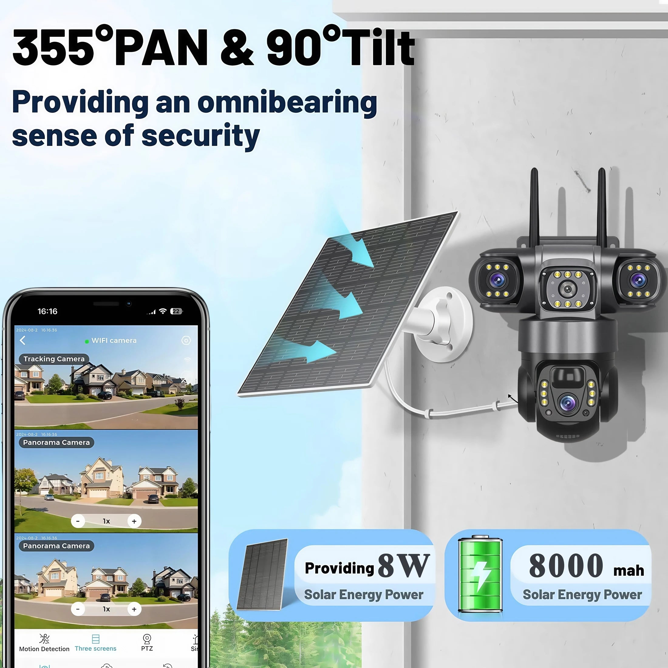 3 Lens 3 Screens 4G Solar Camera HD 15MP 360 Outdoor Waterproof CCTV Night Vision Two-Way Audio Camera Mobile Tracking IP Camera