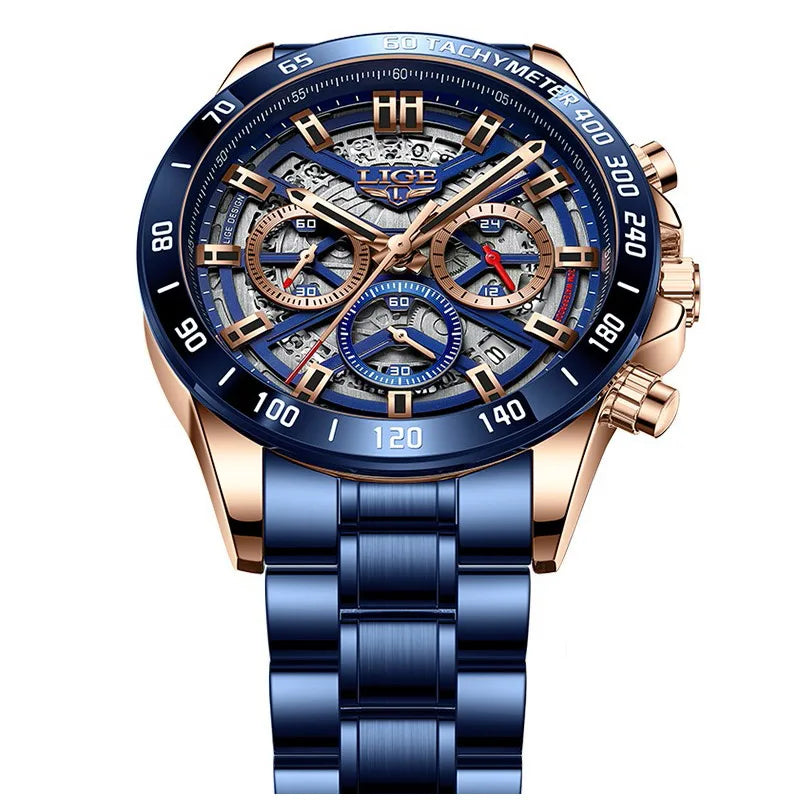 LIGE 2024 Men Watch &ndash; Waterproof Chronograph Quartz Gold blue