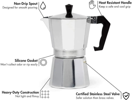 Moka Espresso Coffee Maker Pot - Stovetop Percolator for Caf&eacute; Brewing