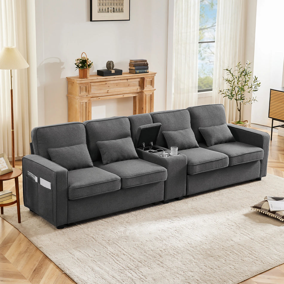 Moderne 4-personers linned sofa med konsol og USB-porte
