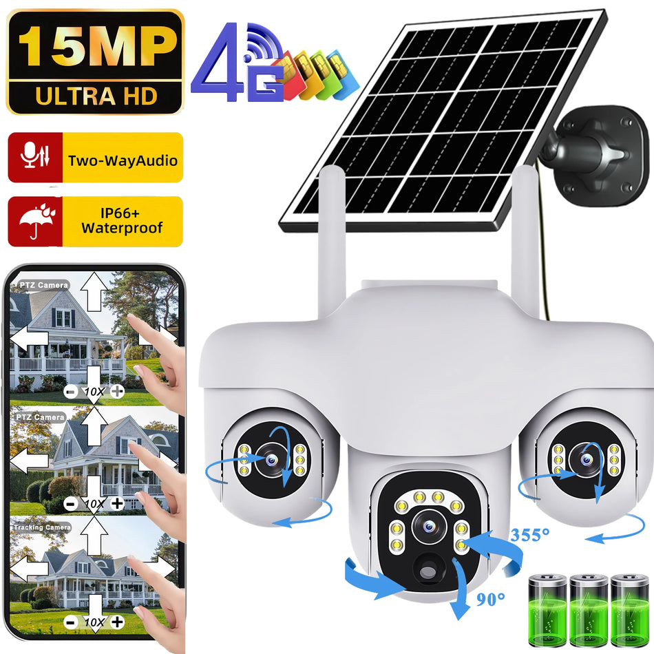 V380 Pro 15MP 4G Solar Camera Triple Lens Triple PTZ Camera Two-Way Audio Outdoor Built-in Battery Security CCTV HD IP Camera