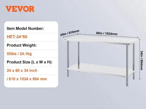 Stainless Steel Prep Table Heavy Duty Restaurant Grade Table 24x60inch / CZECH REPUBLIC