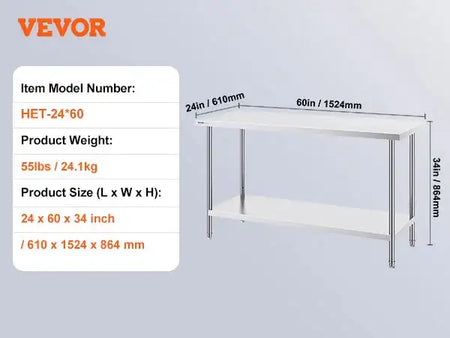 Stainless Steel Prep Table Heavy Duty Restaurant Grade Table 24x60inch / CZECH REPUBLIC
