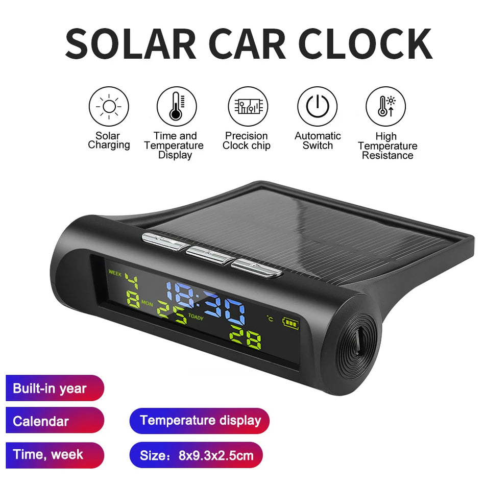 Digitale klok op zonne-energie voor auto, USB-opladen, temperatuur, datum en ABS-behuizing