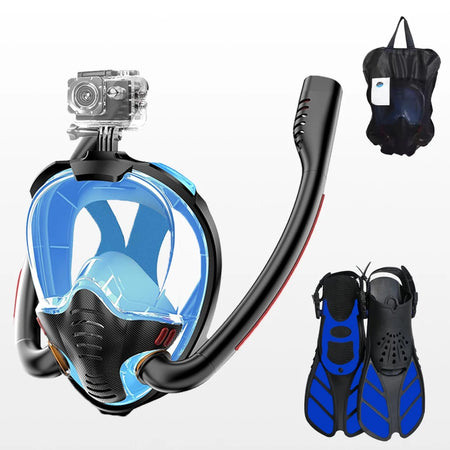 Underwater Snorkeling Full Face Mask Set &ndash; Safe Breathing Black-Blue / L/XL