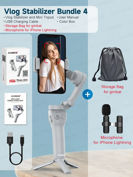 HQ6 3 Axis Anti-Shake Vlog Stabilizer &ndash; Adjustable Fill Light and Face Tracking AXNEN HQ6 Bundle 4 / CHINA