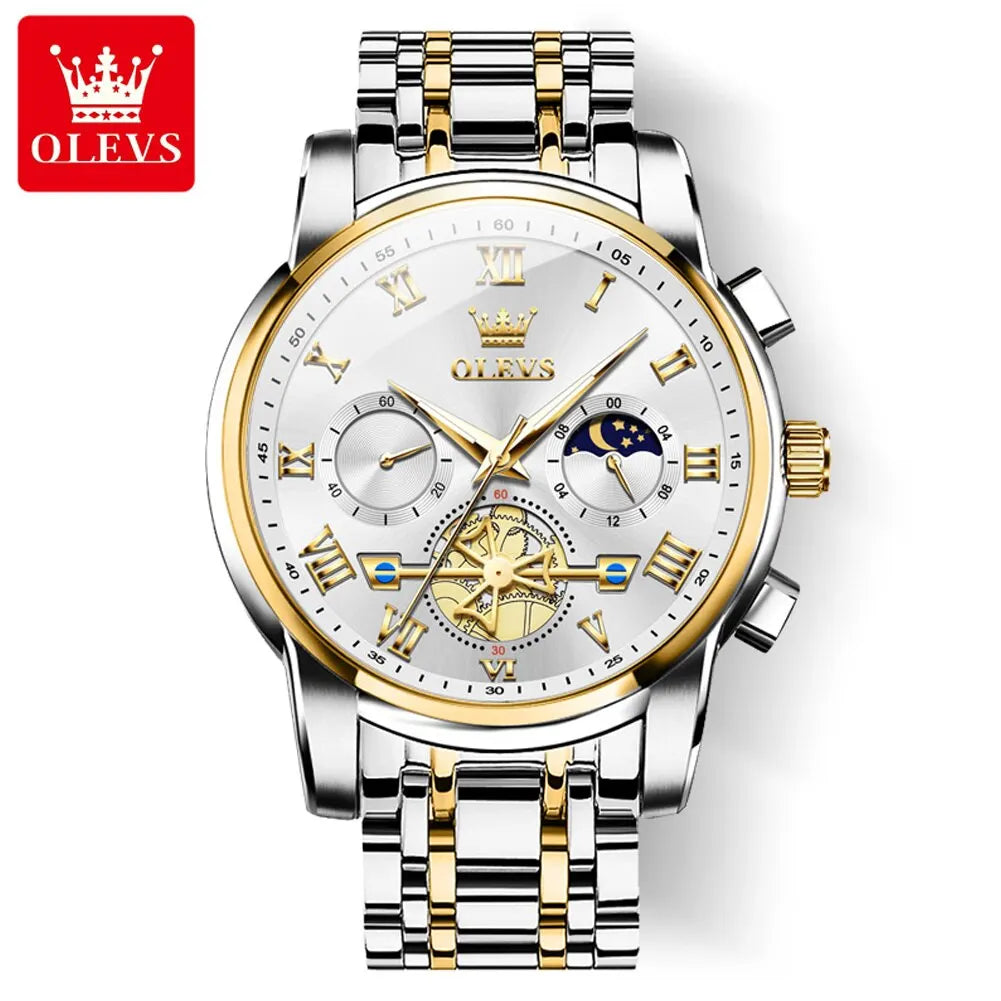 OLEVS Classic Roman Dial Quartz Watch with Luminous Chronograph and Waterproof Design No / Golden white