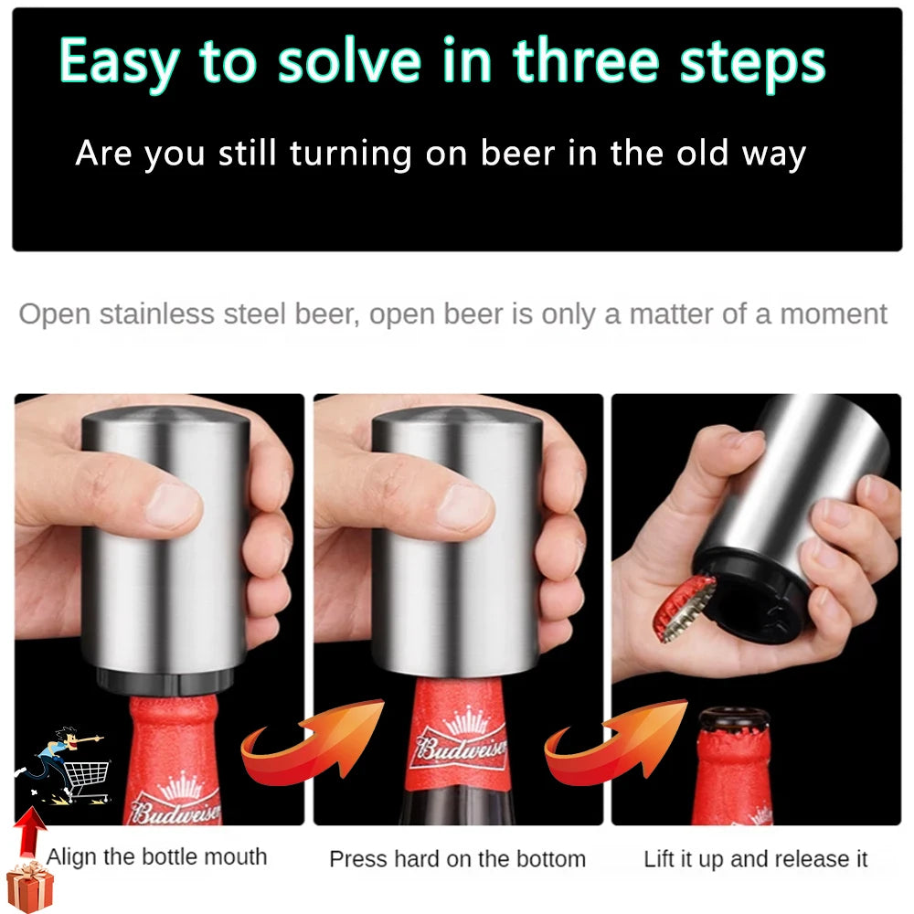 Automatic Beer Bottle Opener - Stainless Steel Magnetic Push Down