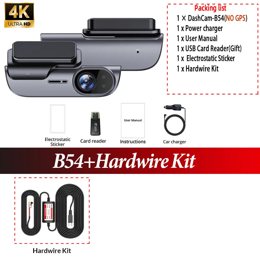 ACCEO Dashcam Auto 4K Car DVR - Night Vision GPS WiFi B54-No GPS-Kit / 64G