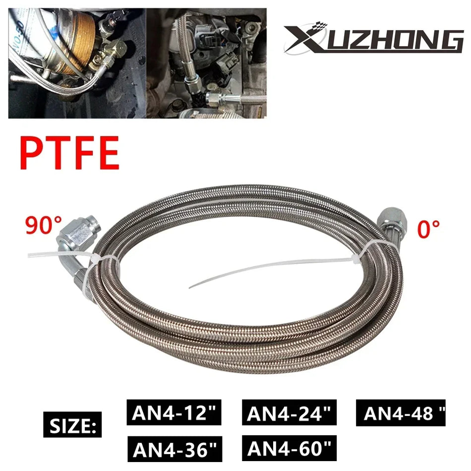 Univerzální turbo olejová přívodní hadice, nerezová ocel, pletená AN4, 90 stupňů PTFE