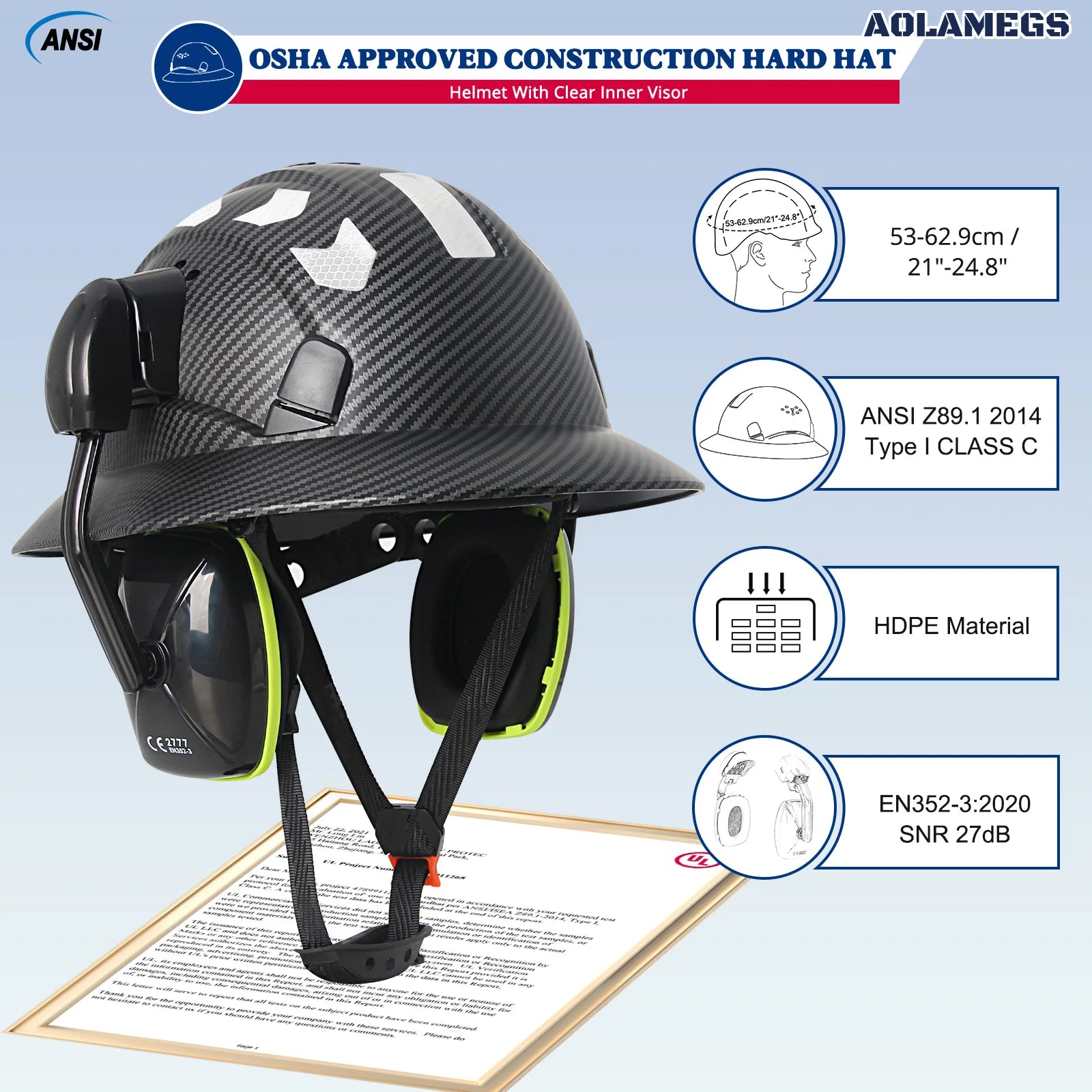 CE Carbon Fiber Full Brim Safety Cap &ndash; With Earmuffs