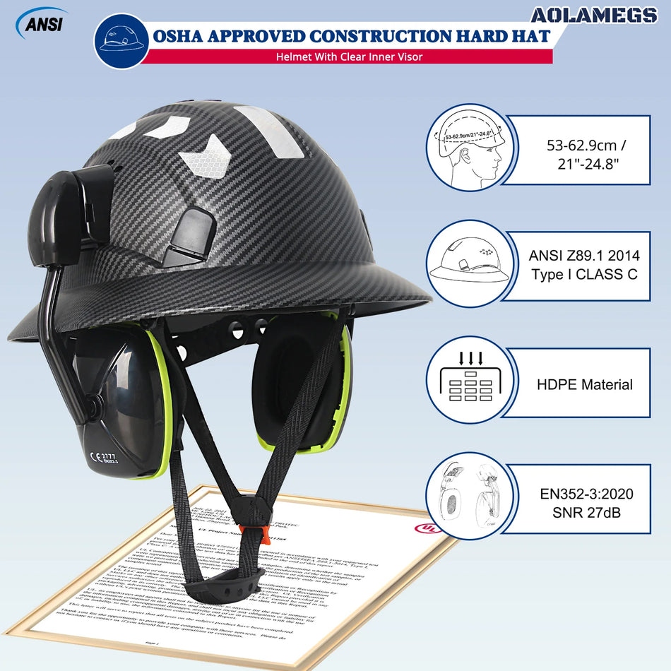 CE Carbon Fiber Full Brim Safety Cap &ndash; With Earmuffs