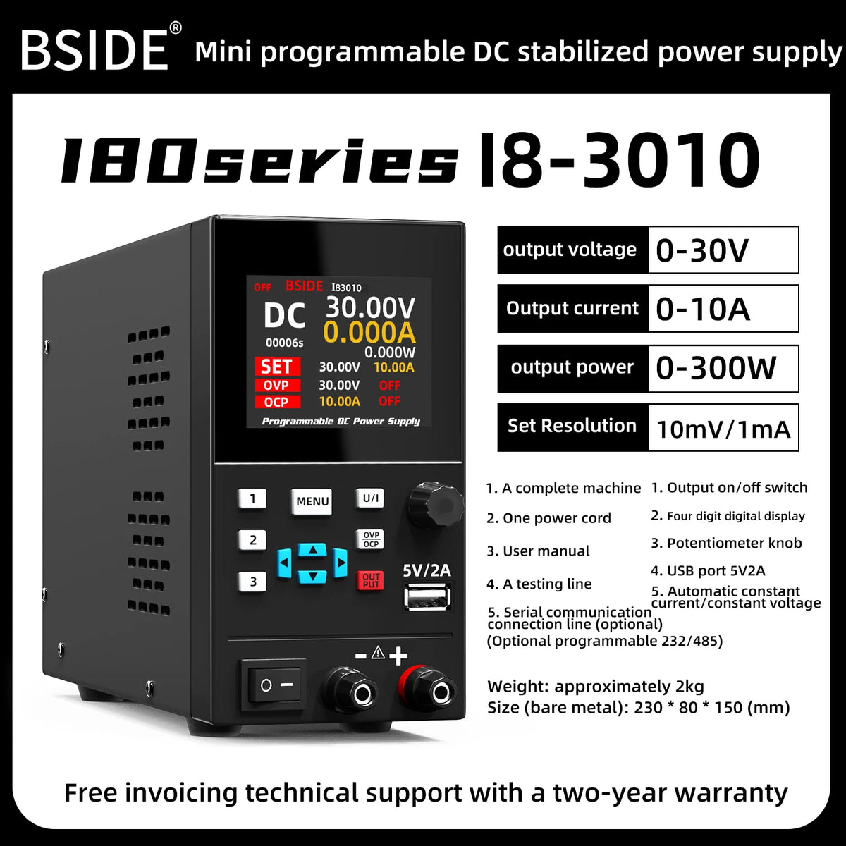 BSIDE DC Regulated Power Supply &ndash; Programmable Color Screen 30V 10A-US Plug-110V / CHINA