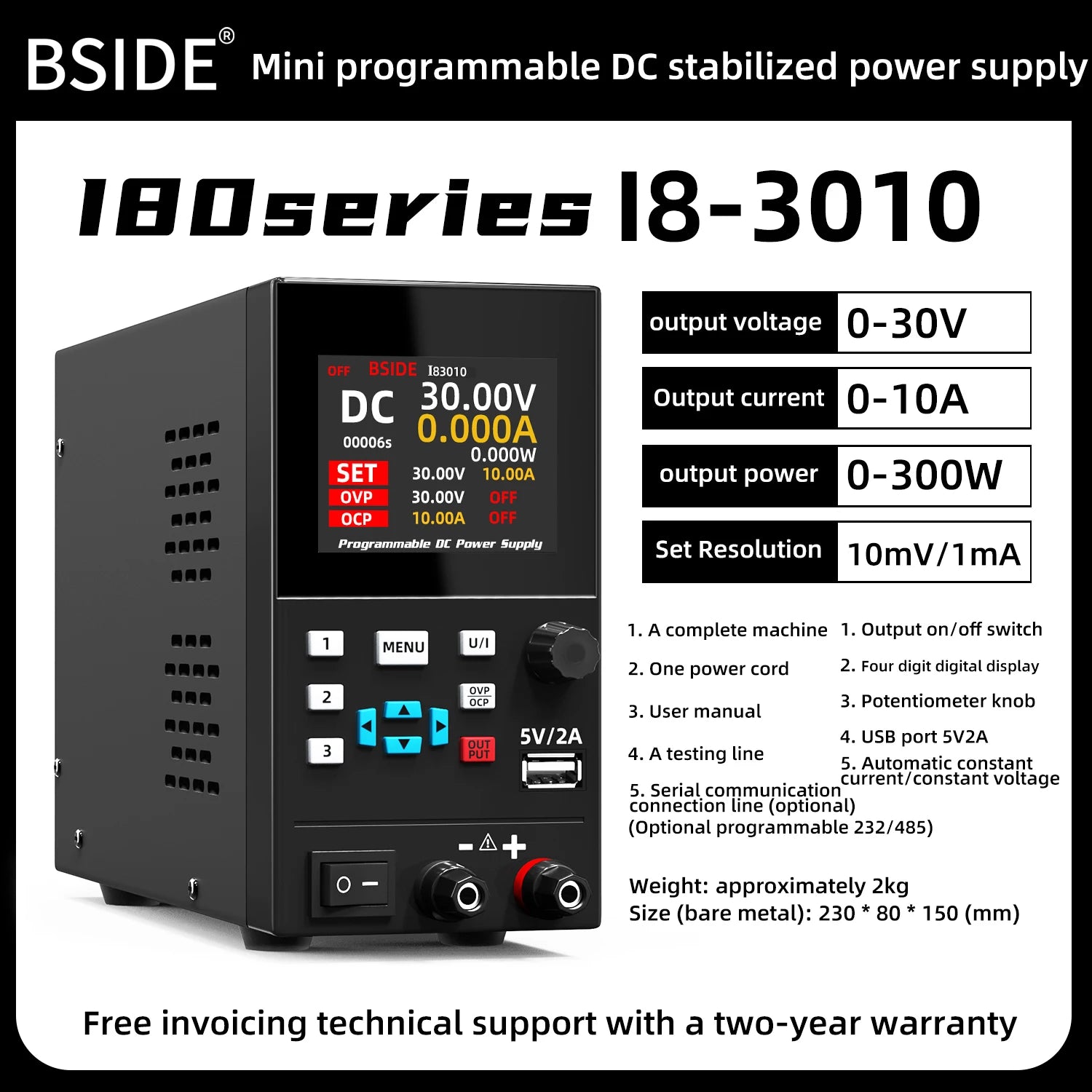 BSIDE DC Regulated Power Supply &ndash; Programmable Color Screen 30V 10A-US Plug-110V / CHINA