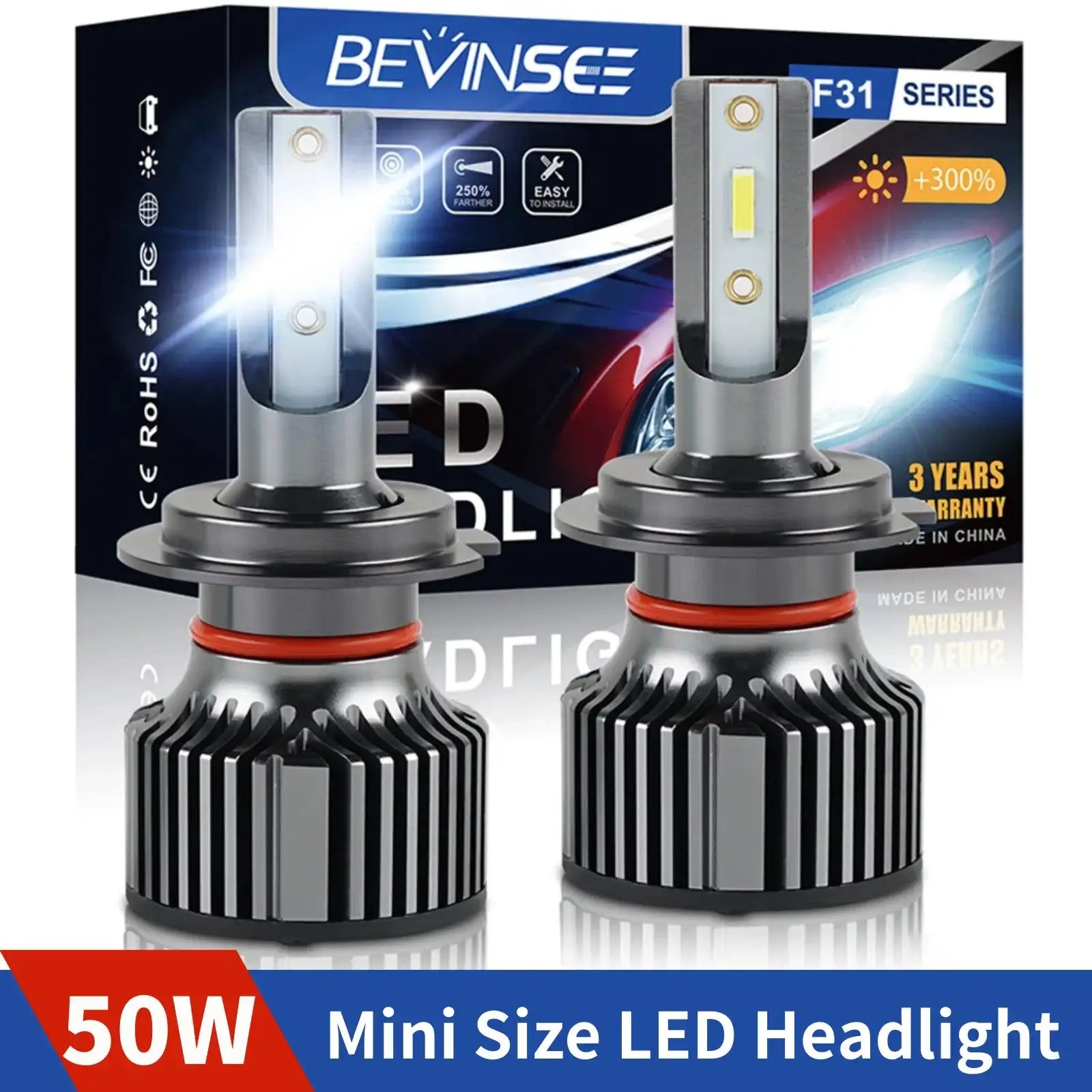 Bevinsee Universal LED Headlight Bulbs Hi Lo 12V 6000LM H3 / China
