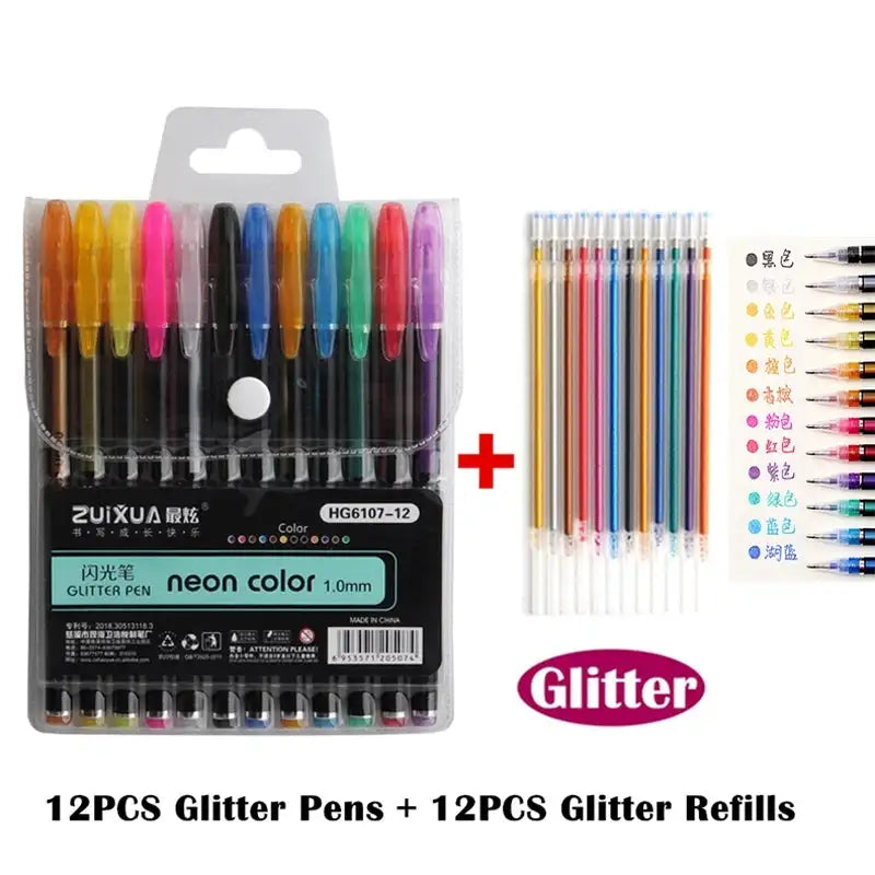 48 Metallic Glitter Gel Pens Set - Ideal for Colouring &amp; Drawing 12pc pen 12 Refill D
