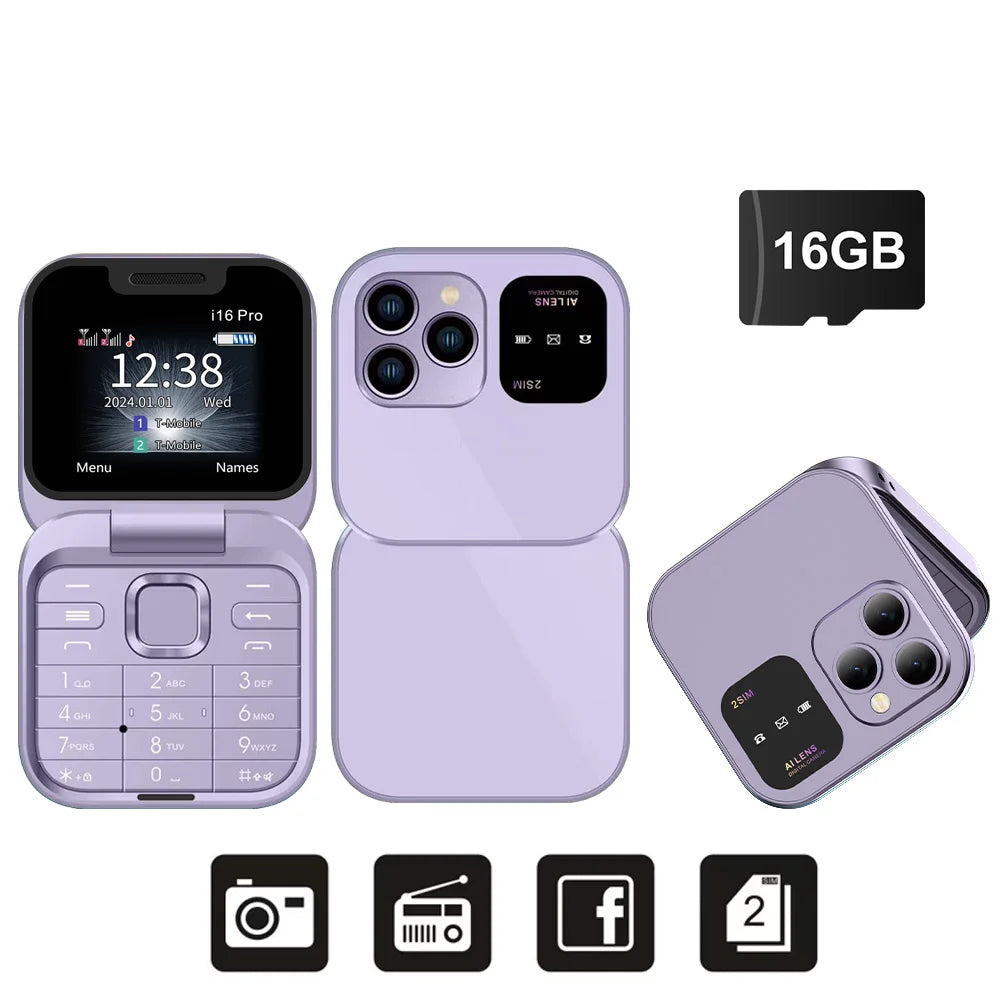 SERVO 2024 Mini Flip Phone &ndash; Ultra Slim Dual SIM FM Radio Purple N 16GBTF card