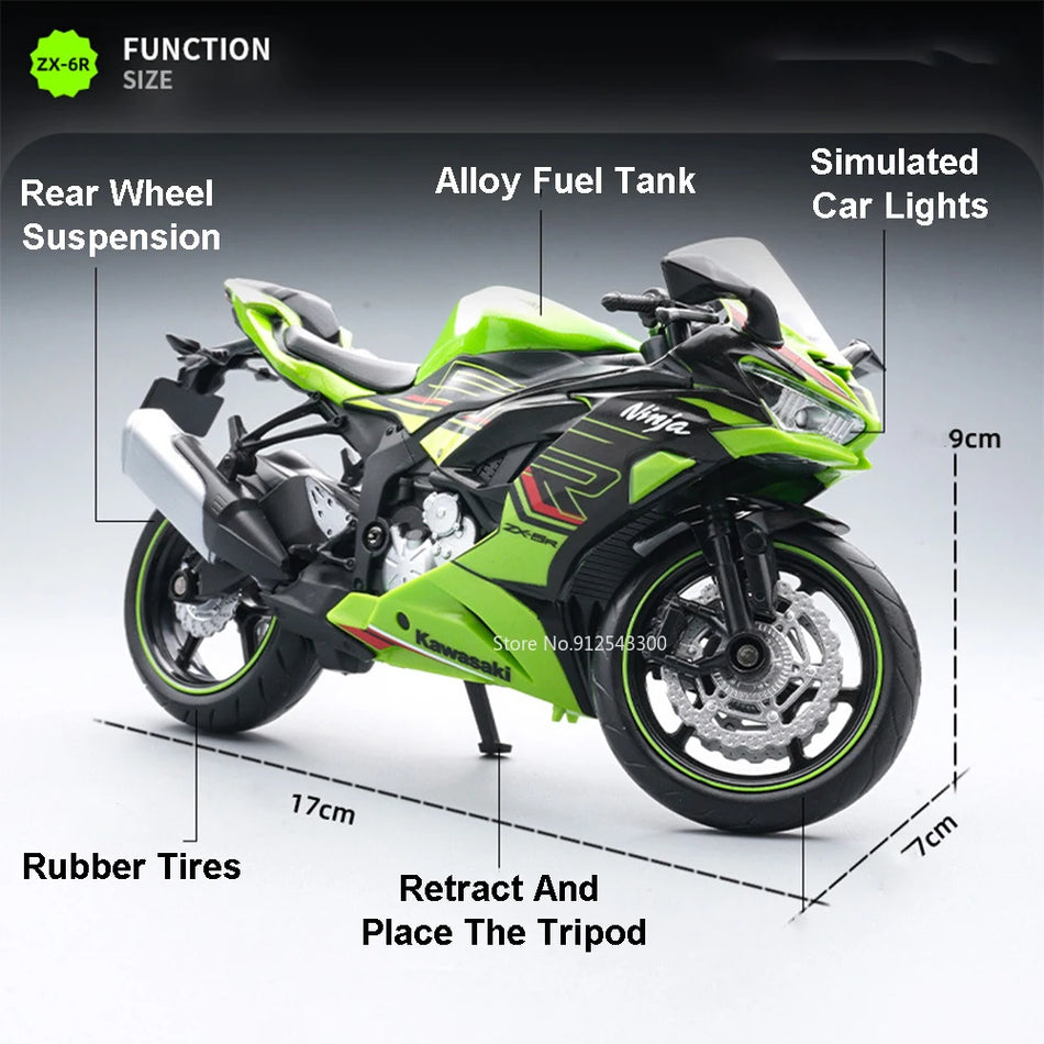 Diecast model motocikla iz zlitine za Kawasaki ZX-6R v razmerju ena proti dvanajst.