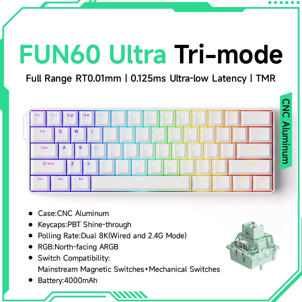 Akko MonsGeek FUN60 Ultra Mechanical Gaming Keyboard &ndash; Rapid 8K Trigger with Magnetic Switch Ultra Trimode TMR W