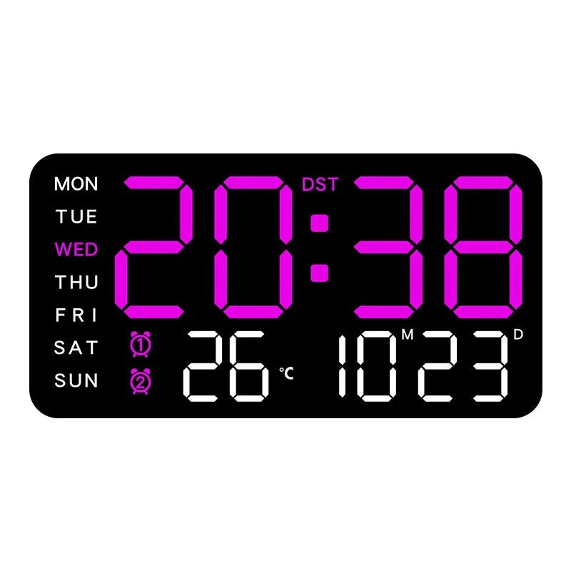 Large LED Digital Wall Clock with Remote Control, Temperature &amp; Date Display Black-purple