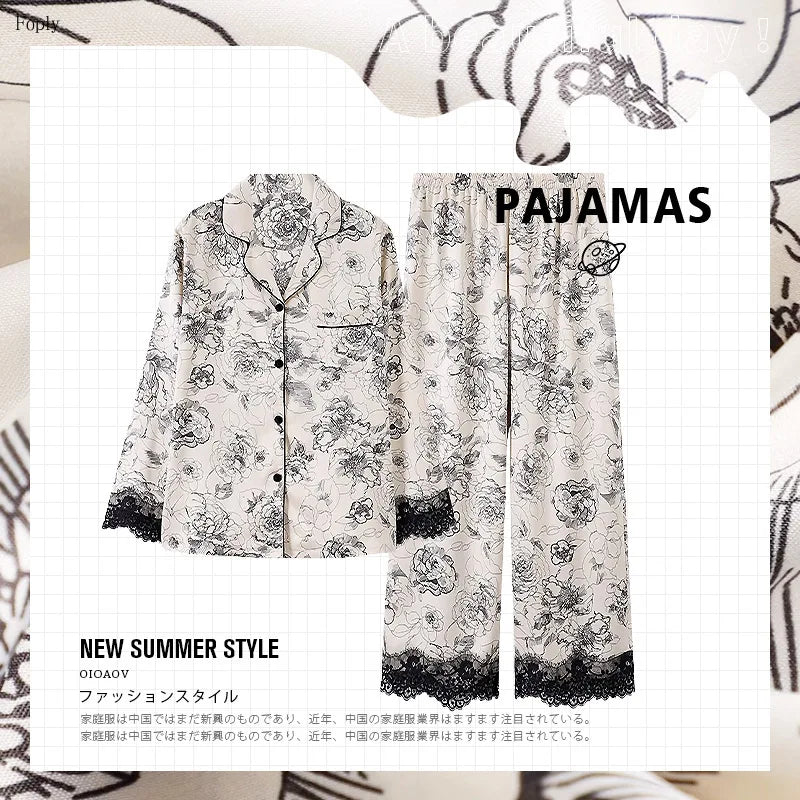 Flower Print Lace Two-piece Satin Pajamas for Women - Spring &amp; Autumn