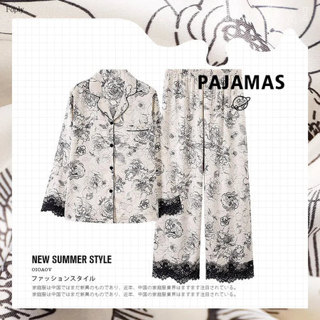Flower Print Lace Two-piece Satin Pajamas for Women - Spring &amp; Autumn