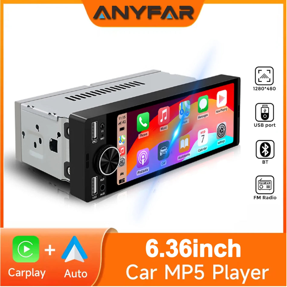 1 Din Bilstereo Med CarPlay, Android Auto, Bluetooth FM, HD Pekskärm MP5