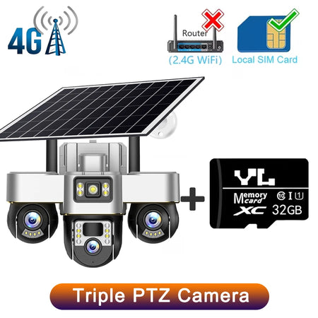 15MP 4G Three PTZ Solar Camera Three screen PIR Human Tracking Security CCTV Surveillance IP Camera PTZ control for all 3 Lens 4G Camera 32G Card