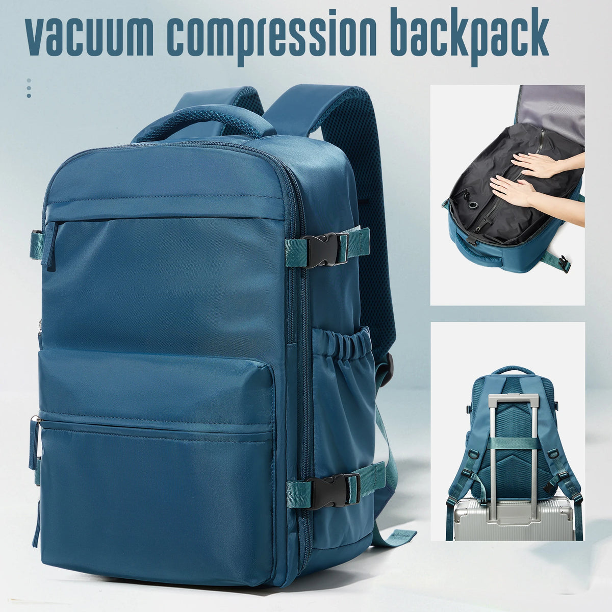 Vacuum Backpack Travel Bag &ndash; Large Capacity Expandable Peacock Blue