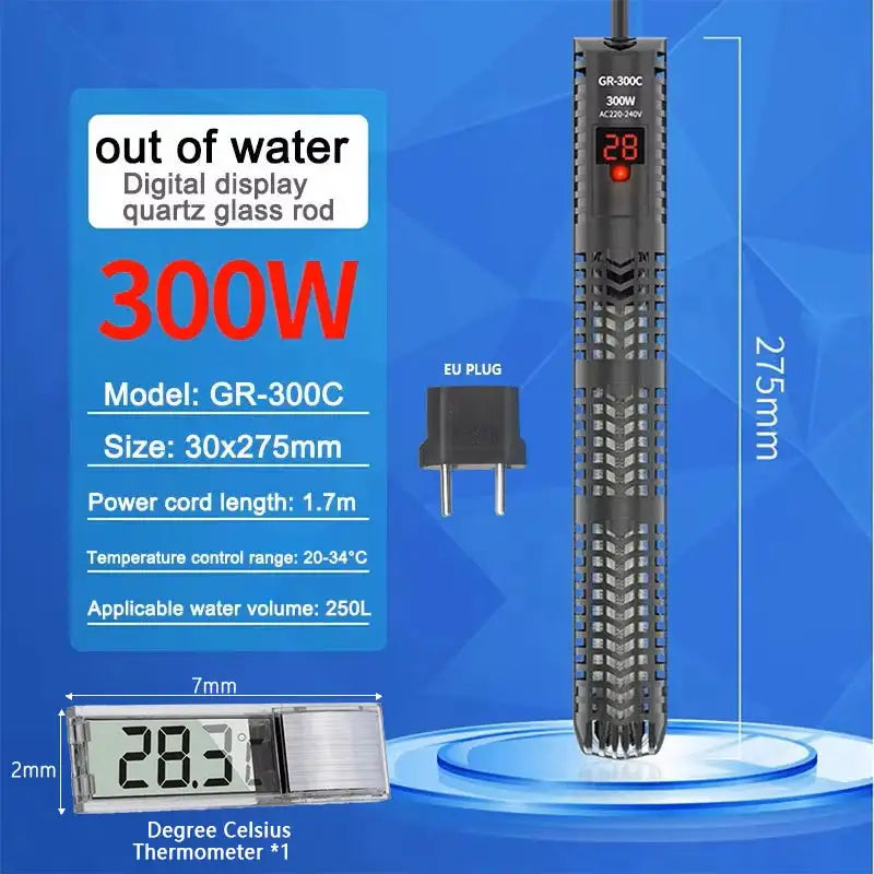 Aquarium Submersible Heater With Thermometer 220 240V 300C and Silver THE