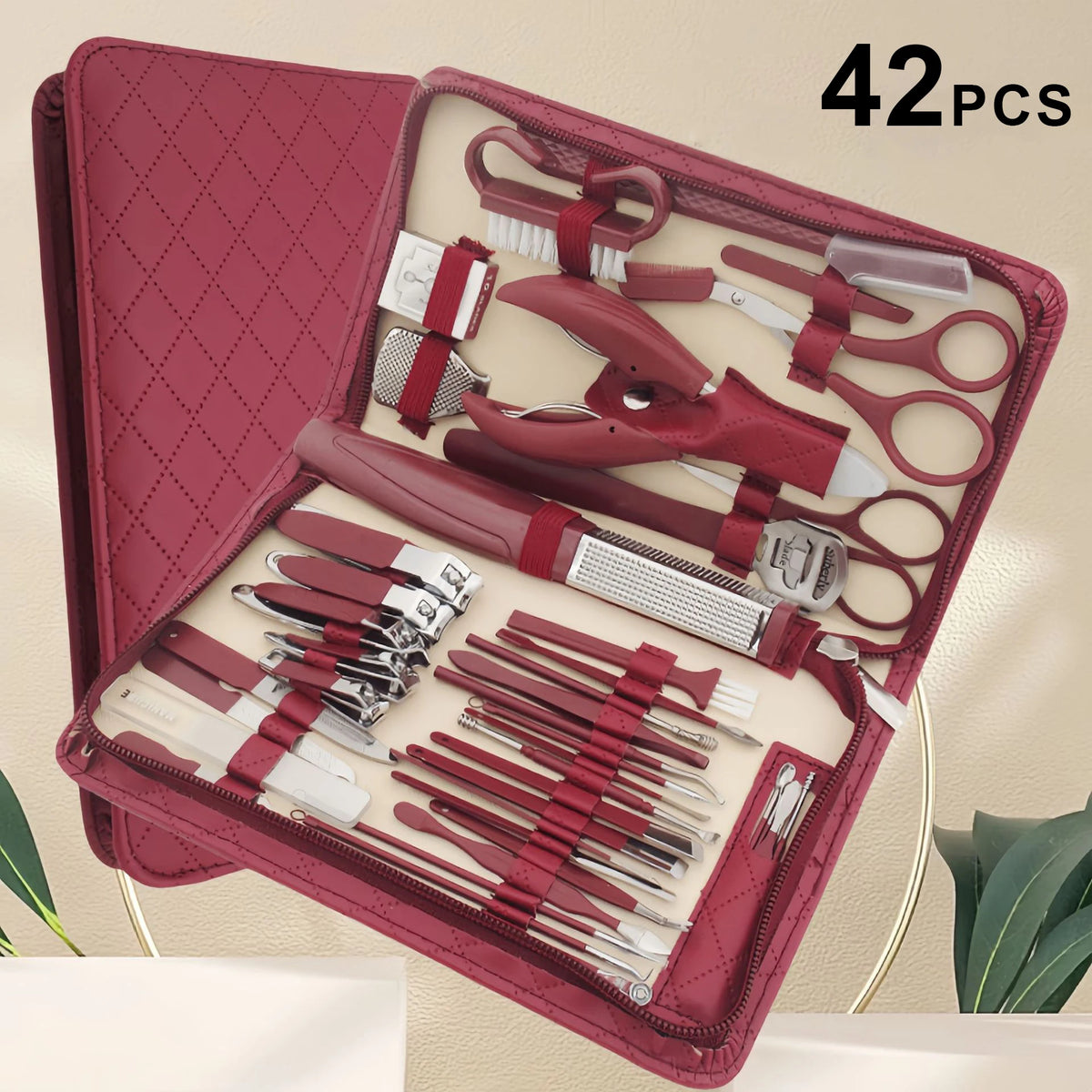 Manicure Stainless Steel 42Pc Travel Kit &ndash; Diamond Zipper Angora red 42Pcs