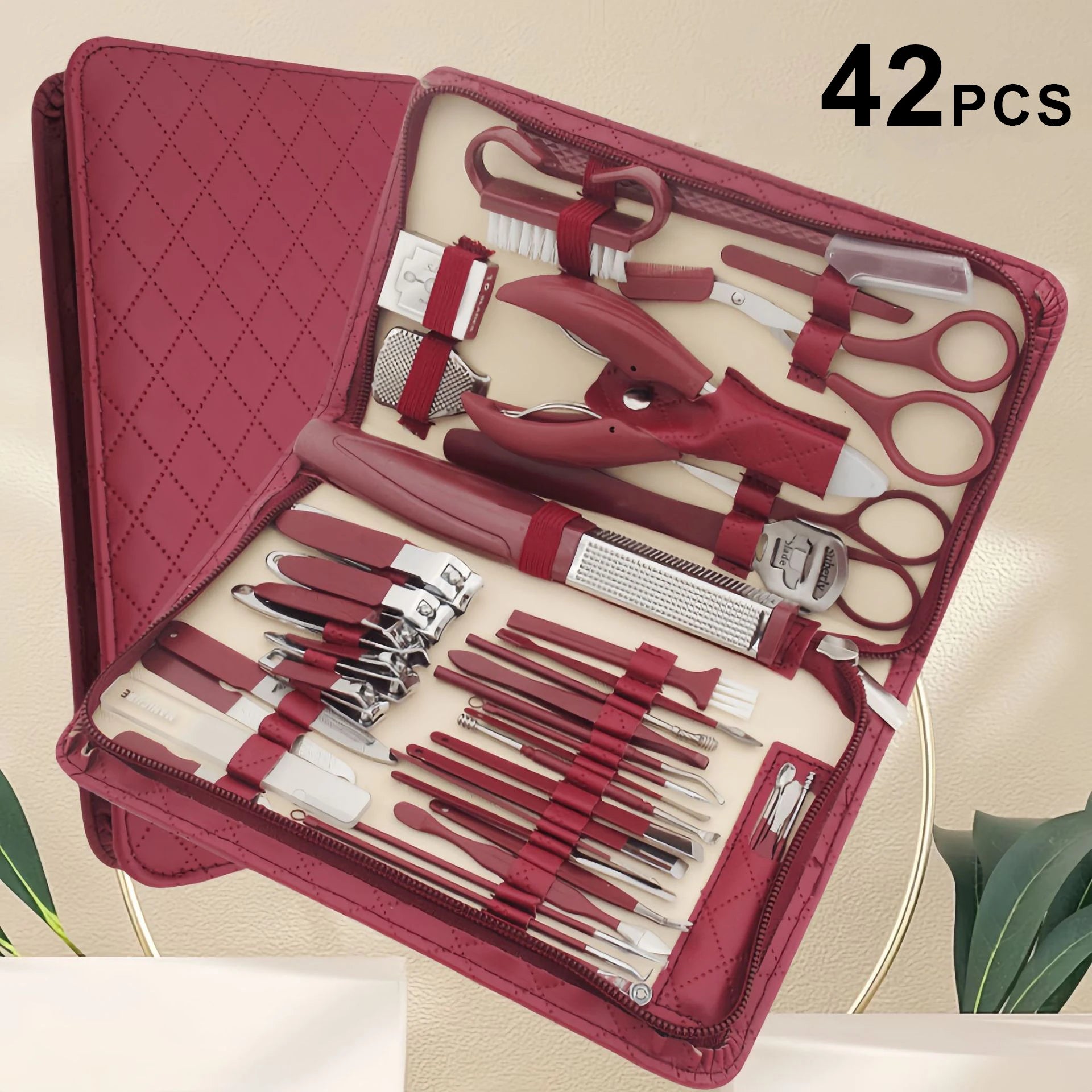 Manicure Stainless Steel 42Pc Travel Kit &ndash; Diamond Zipper Angora red 42Pcs