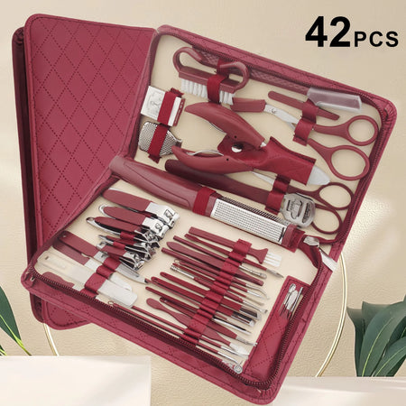 Manicure Stainless Steel 42Pc Travel Kit &ndash; Diamond Zipper Angora red 42Pcs