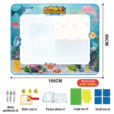 100x80CM Magic Water Drawing Mat with Reusable Magic Pens Doodle Montessori Painting Board Educational Toys Kids Gifts 39X31in ocean