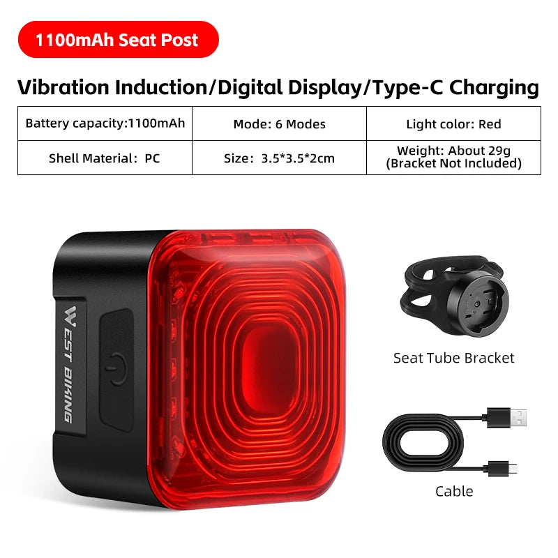 WEST BIKING Smart Brake Sensing Bicycle Taillight with Digital Power Display 1100mAh Seat Post