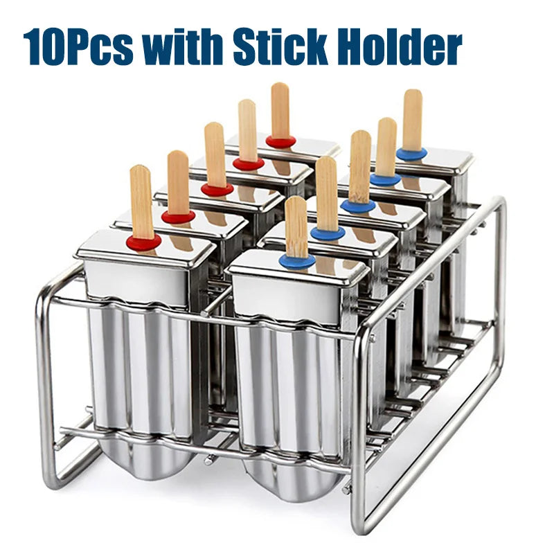 Eco-Friendly Stainless Steel Popsicle Mold for Healthy Treats 10Pcs with Holder