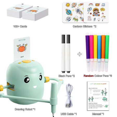 Intelligent Kids Drawing Robot - Educational Art Toy for Girls &amp; Boys - Perfect Birthday Gift with 100 Drawing Cards green