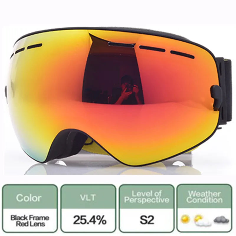 AFS-3100 Ski Snowboard Goggles &ndash; Wide Angle Anti-Fog UV400 RED LENS BLACK FRAME