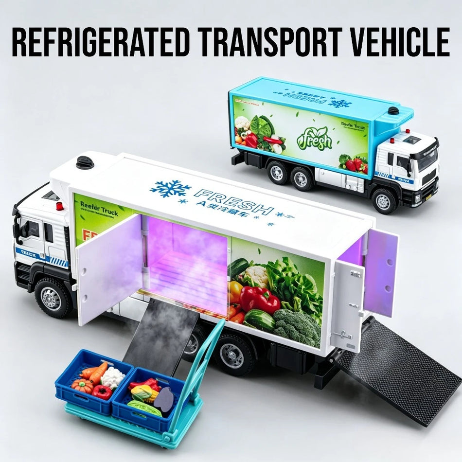 1:50 Diecast Vegetable and Fruit Refrigerated Truck Toy with Pull-Back, Spray